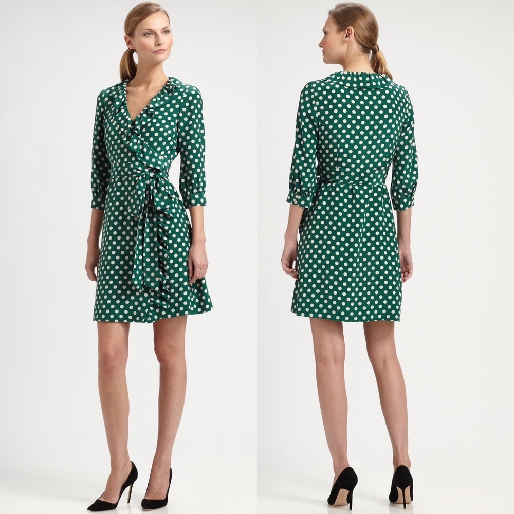 Kate Spade 100% Silk Polka Dot Wrap Dress Green White Size 2 Ruffle Daniella Tie